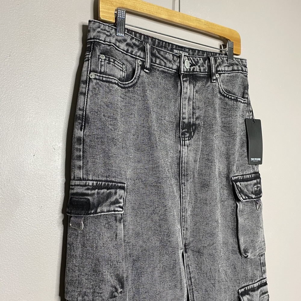 True Religion Vintage Style Charcoal Wash‎ Denim Cargo Midi Skirt Slit Front 27 - Picture 12 of 16